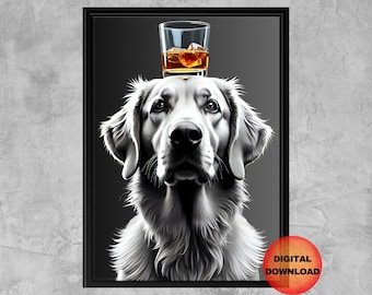 Golden retriever whisky glas poster, Retriever Home Bar Cart print, grappige hond kunst aan de muur, hondenliefhebber cadeau, zwart-witte hond kunst, DOWNLOAD