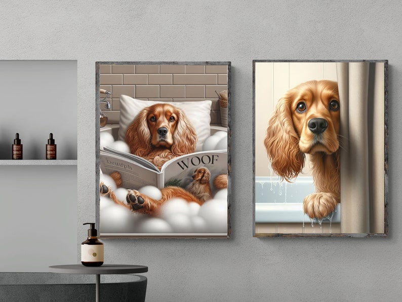 May include: Two framed illustrations of a brown and white cocker spaniel dog. The first image shows the dog relaxing in a bathtub with bubbles and reading a magazine titled "Woof". The second image shows the dog peeking out from behind a shower curtain.