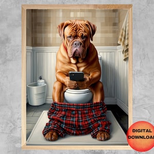 Dogo de Burdeos en el baño con teléfono, divertido arte de baño a cuadros escoceses de Dogo, póster de mascota de teléfono celular caprichoso, regalo para amantes de los perros, DESCARGAR