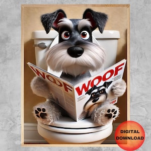 Funny Mini Schnauzer Toilet Wall Art, Miniature Schnauzer Reading Poster, Cute Schnauzer Bathroom Picture, Whimsy Dog Lovers Gift, DOWNLOAD