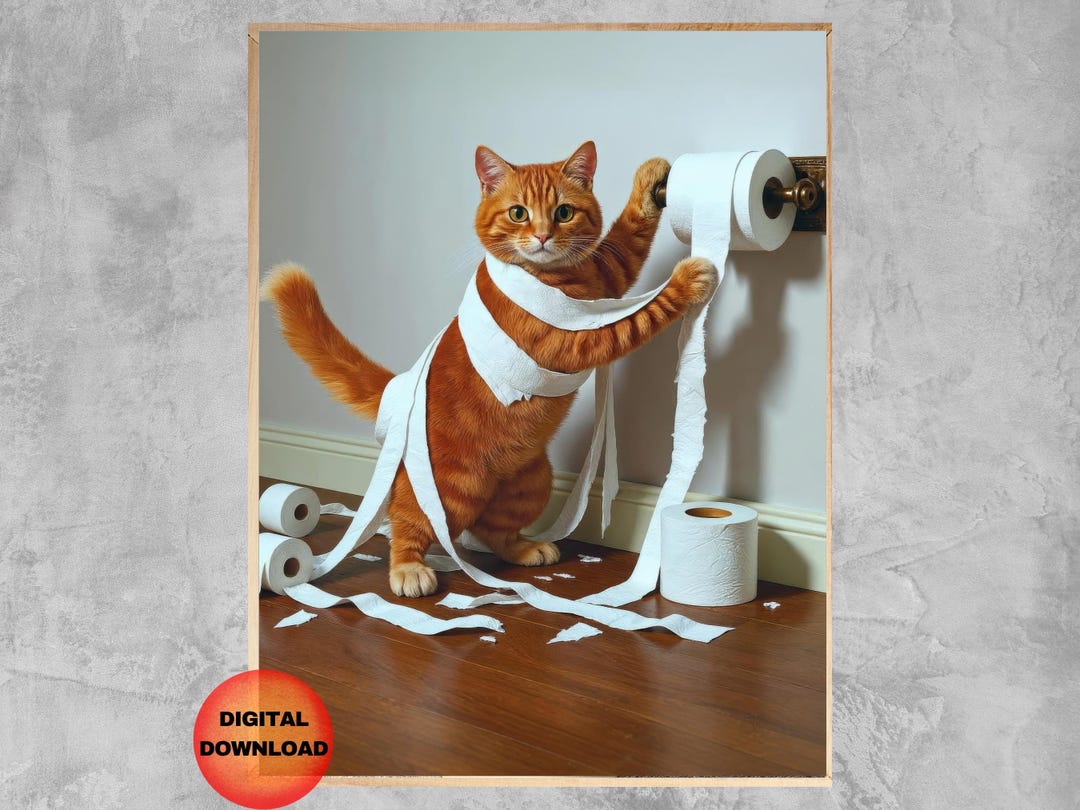 Red Tabby Cat Toilet Paper Print, Funny Cat Bathroom Wall Art, Cat in ...