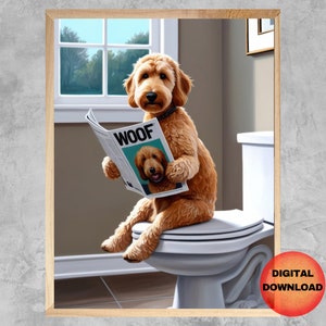 Decorazione murale con Goldendoodle sul water, poster per bagno con Goldendoodle, stampa divertente per il bagno dei bambini, poster con animali domestici stravaganti, regalo per gli amanti dei cani, SCARICA