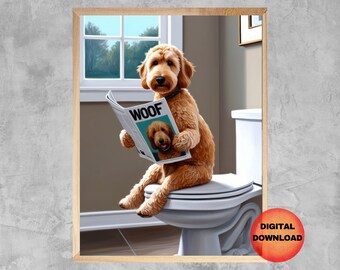 Peut inclure: Un chien brun et blanc assis sur des toilettes blanches, lisant un magazine intitulé "WOOF".