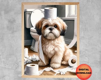 May include: A brown and white Shih Tzu dog wearing a toilet roll as a hat. The dog is sitting on a white tiled floor with toilet paper scattered around. The dog is looking at the camera.