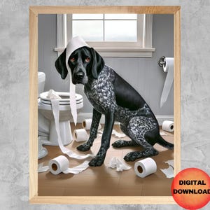 May include: A black and white German Shorthaired Pointer dog wearing a toilet roll as a hat. The dog is standing in a bathroom with toilet paper scattered around.