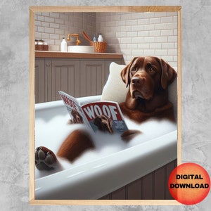 Könnte beinhalten: Ein brauner Labrador Retriever entspannt sich in einer weißen Badewanne voller Blasen und liest ein Magazin mit dem Titel "WOOF".