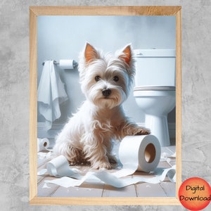 Arte de pared con perro Westie en el inodoro, imprimible para baño de West Highland Terrier, impresión divertida para baño infantil, póster de mascota caprichosa, regalo para amantes de los perros