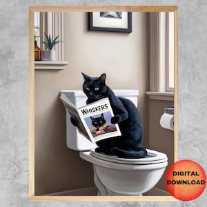トイレに座って読書する黒猫、面白い猫のバスルームの壁アート、気まぐれなペットのポスター、黒猫のトイレの絵、猫好きへのギフト、ダウンロード