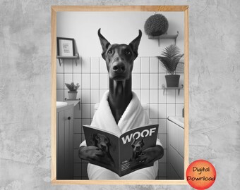 May include: A black Doberman Pinscher dog wearing a white bathrobe and reading a magazine titled "WOOF" in a bathroom setting.