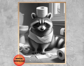 Raccoon Bathroom Black and White Wall Art, Funny Raccoon Toilet Picture, Kids Animal Toilet Paper Decor, Raccoon Lover Gift, DOWNLOAD