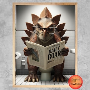 Impresión de baño de dinosaurio Stegosaurus, animal Dino en la lectura del inodoro, cartel de Dino de baño para niños, regalo de amante de Dino, arte de pared de dinosaurio IMPRIMIBLE