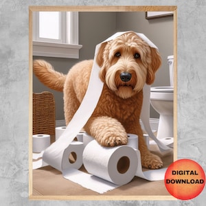 Stampa da bagno Goldendoodle, divertente stampa da toilette Goldendoodle, regalo originale per gli amanti dei cani, stampabile con umorismo sugli animali domestici, decorazione da parete con cani, SCARICABILE