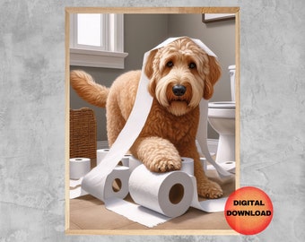 May include: A brown and white dog is playing with toilet paper in a bathroom. The dog is standing on its hind legs and has its front paws on a roll of toilet paper. There are several rolls of toilet paper scattered around the bathroom floor.
