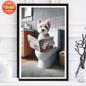 Peut inclure: Un chien blanc assis sur des toilettes dans une salle de bain, lisant un magazine intitulé "Cute Dogs".