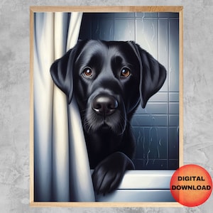 LABRADOR noir dans l&#39;art mural de bain, impression drôle de salle de bains de Labrador, oeuvre d&#39;art de chien d&#39;heure de bain d&#39;enfants, cadeau fantaisiste de maman d&#39;amant de Labrador d&#39;animal de compagnie, téléchargeable