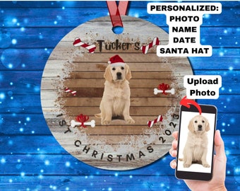 Personalized Puppy's First Christmas Ornament, Custom Photo Upload with Santa Hat, Dog's 1st Xmas, Dog Lover Gift, Holiday Pet Keepsake 2023