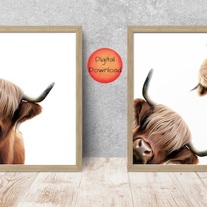 Highland Cow Wall Art Print, Cow Mom and Calf Barnyard Nursery Art, Quirky Home Decor, Cow Lover Gift, Custom Background, DIGITAL DOWNLOAD