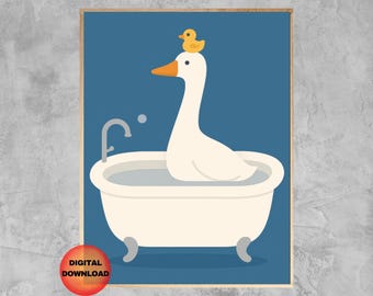 Goose In Bathtub, Trendy Goose Wall Art, Kids Silly Goose Printable, Guest Bath Decor, Funny Nursery Poster, Animal Bathroom Art, DOWNLOAD