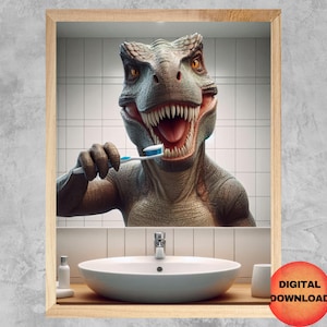 TREX Bathroom Wall Art, Funny Dinosaur Brushing Teeth Picture, Dino Toilet Humor, T-Rex Loo Picture, Kids Bathroom Dinosaur Theme, DOWNLOAD