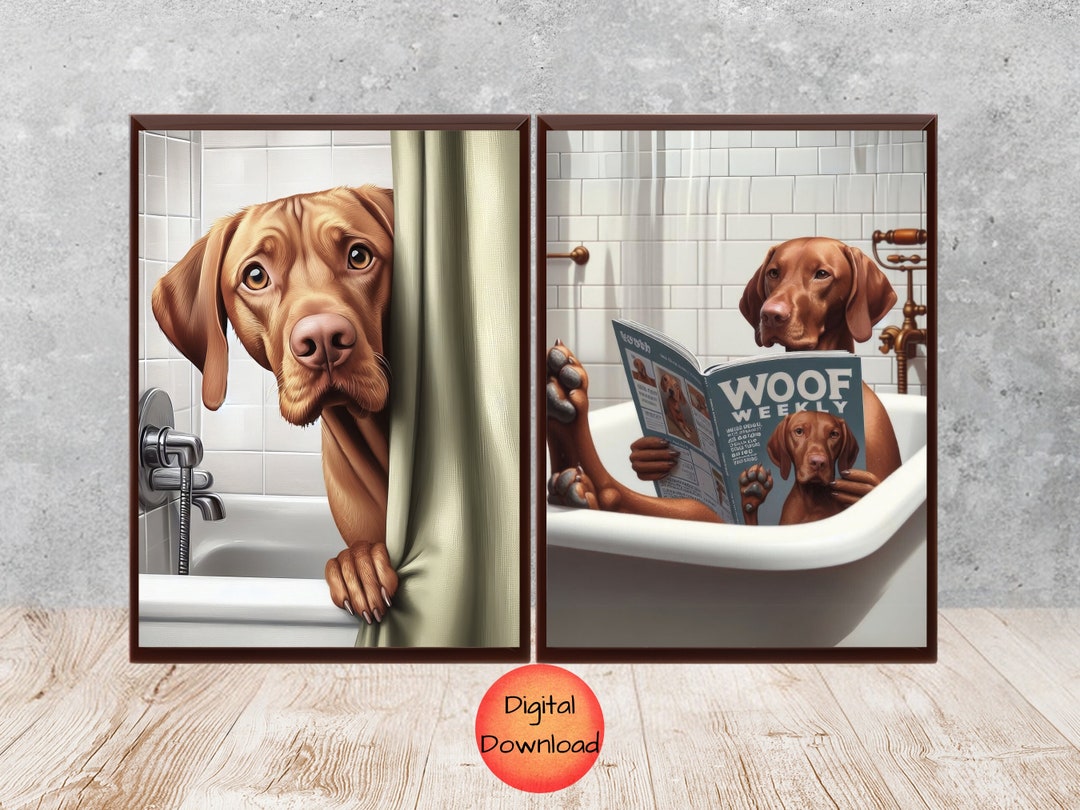 Vizsla Funny Dog in Bathtub Wall Art Set of 2, Vizsla Bathroom Poster ...