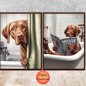 Ensemble de 2 oeuvres d'art mural chien drôle Vizsla dans la baignoire, affiche de salle de bain Vizsla, impressions d'animaux de salle de bain pour enfants Vizsla, cadeau fantaisiste pour amoureux des chiens, TÉLÉCHARGER