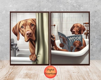 Vizsla Funny Dog in Bathtub Wall Art Set of 2, Vizsla Bathroom Poster, Vizsla Kids Bathroom Animal Prints, Whimsy Dog Lover Gift, DOWNLOAD