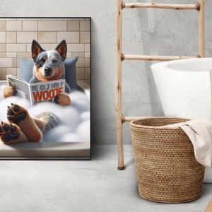May include: A blue and grey Australian Shepherd dog relaxes in a white bathtub filled with bubbles, reading a magazine titled "The O.J. Half Woof" magazine.