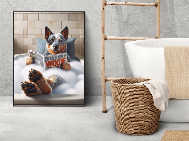 May include: A blue and grey Australian Shepherd dog relaxes in a white bathtub filled with bubbles, reading a magazine titled "The O.J. Half Woof" magazine.