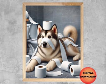 Könnte beinhalten: Ein schwarz-weißer Husky-Hund ist in Toilettenpapierrollen eingewickelt. Der Hund sitzt in einem Badezimmer mit einer Toilette im Hintergrund. Der Hund hat eine Rolle Toilettenpapier über Nase und Mund.
