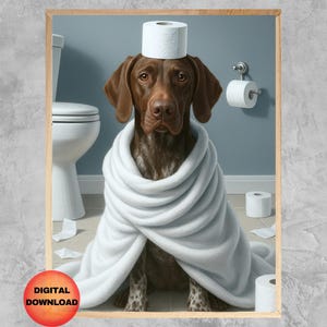 Może przedstawiać: Brązowy i biały pies rasy krótkowłosy gończy niemiecki w białym ręczniku, z rolką papieru toaletowego na głowie. Pies siedzi w łazience z toaletą i innymi rolkami papieru toaletowego w tle.