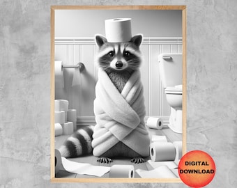 Funny RACCOON Bathroom Wall Art, Black and White Bathroom Raccoon Poster, Kids Toilet Paper Animal Print, Raccoon Toilet Humor, DOWNLOAD