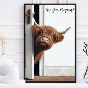 May include: A brown and white Highland cow peeks around a white door frame with the text "Are You Pooping?" printed on the wall behind it.