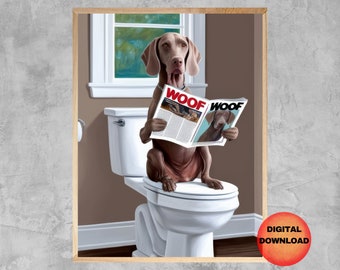 May include: A brown and white Weimaraner dog sits on a white toilet, reading a magazine titled "Woof Woof".