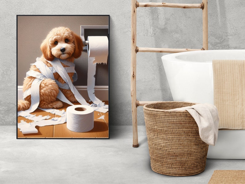 May include: A white fluffy dog is tangled in toilet paper. The dog is sitting on a wooden floor with a roll of toilet paper on the floor next to it. The dog is looking at the camera.