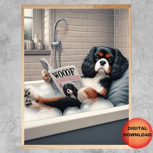TRICOLOR Cavalier King Charles Spaniel Bathtub Wall Art, Cavalier Dog Bathroom Printable, Kids Pet Animal Printable, Dog Mom Gift, DOWNLOAD