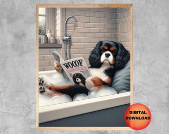 Può includere: Un cane Cavalier King Charles Spaniel nero e marrone si rilassa in una vasca da bagno bianca piena di bolle. Il cane sta leggendo una rivista intitolata "WOOF" e ha un cane più piccolo nella vasca con lui.