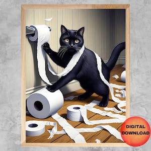 BLACK CAT Toilet Print, Funny Cat Bathroom Wall Art, Whimsy Gift for Cat Lovers, Pet Cat Humor Artwork, Cat With Toilet Paper, DOWNLOADABLE