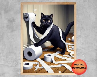 Impression de toilette chat noir, art mural drôle de salle de bain chat, cadeau fantaisiste pour les amoureux des chats, oeuvre d'art humour chat, chat avec papier toilette, téléchargeable