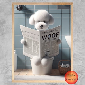 BICHON FRISE Bathroom Wall Art, Funny Bichon Toilet Reading Newspaper Print, Whimsical Pet Dog Printable, Bath Time Art, Bichon Lover Gift
