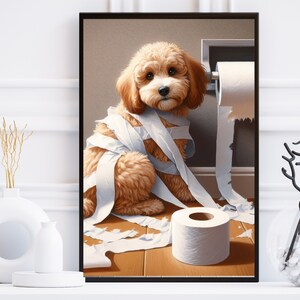 May include: A brown and white poodle dog is tangled in toilet paper. The dog is sitting on a wooden floor with a roll of toilet paper on the wall behind it. There is a white toilet paper roll on the floor in front of the dog.