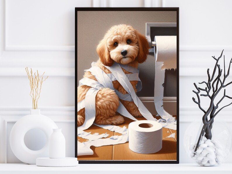 May include: A brown and white poodle dog is tangled in toilet paper. The dog is sitting on a wooden floor with a roll of toilet paper on the wall behind it. There is a white toilet paper roll on the floor in front of the dog.