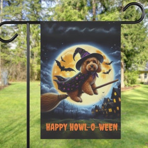 Fall Halloween Cavapoo Yard Flag, Autumn Cockapoo Witch Garden Flag, Doodle Dog Halloween Flag, Happy Halloween Dog Flag, Outdoor Dog Decor