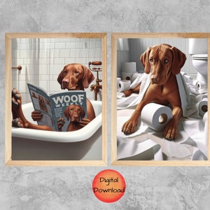 Vizsla Funny Dog in Bathtub Wall Art, Vizsla Toilet Art Set of 2, Vizsla Kids Bathroom Animal Print, Whimsy Dog Lover Gift, Pet Portrait