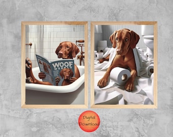 Vizsla Funny Dog in Bathtub Wall Art, Vizsla Toilet Art Set of 2, Vizsla Kids Bathroom Animal Print, Whimsy Dog Lover Gift, Pet Portrait