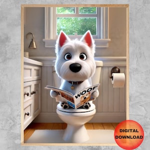 Funny Westie Kid's Bathroom Picture, Cute Westie Sitting On Toilet Printable, West Highland Terrier Reading, Whimsy Dog Owner Gift, DOWNLOAD