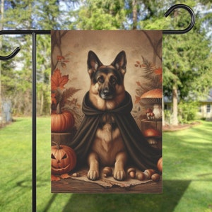 German Shepherd Fall Yard Flag, Custom Autumn Dog Halloween Garden Flag, Vintage Cottage Core Pumpkin House Flag, Home Front Yard Dog Banner
