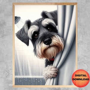Väggkonst för badrum med minischnauzer, roligt badtryck med schnauzer, utskrivbart badrum för barn, present till hundälskare med schnauzer, nedladdningsbart