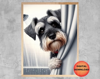 Arte de pared para baño con mini Schnauzer, impresión divertida de Schnauzer para baño, imprimible para baño de mascotas para niños, regalo para mamá amante de los perros Schnauzer, descargable