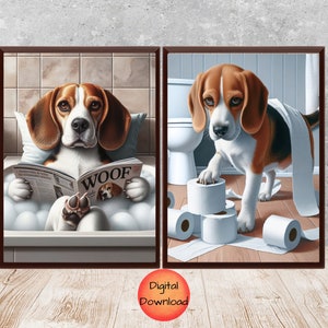 BEAGLE Bathroom Wall Art Set of 2, Whimsy Beagle In Bathtub Print, Funny Dog Toilet Art, Beagle Lover Gift, Beagle Dog Mom, DOWNLOADABLE