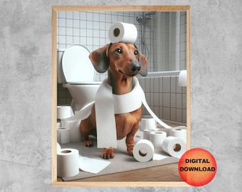 Pode incluir: Um cão salsicha marrom usando um rolo de papel higiênico como um lenço. O cão está em pé em um banheiro com um vaso sanitário e uma banheira no fundo. Há vários rolos de papel higiênico espalhados ao redor do cão.